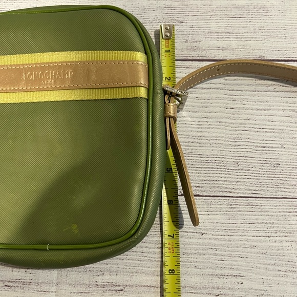 Longchamp Paris Blue Vinyl Crossbody Purse Brown Adjustable Strap Yellow Trim - Picture 7 of 8